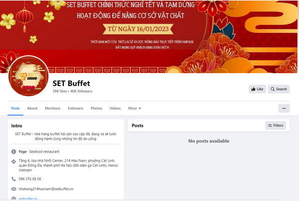Fanpage Facebook của SET Buffet 