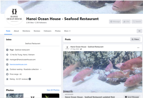 Fanpage facebook của quán Hanoi Ocean House