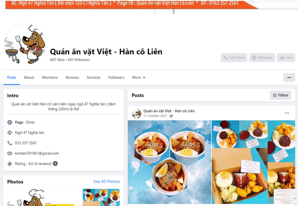 Fanpage facebook của quán Cô Liên - Ăn vặt Việt Hàn