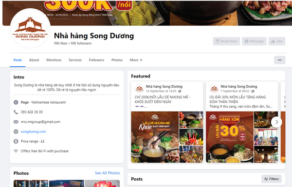 Fanpage facebook nhà hàng Song Dương 