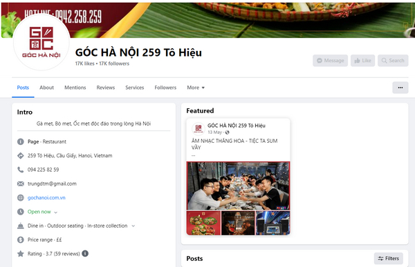 Fanpage facebook của quán Góc Hà Nội 