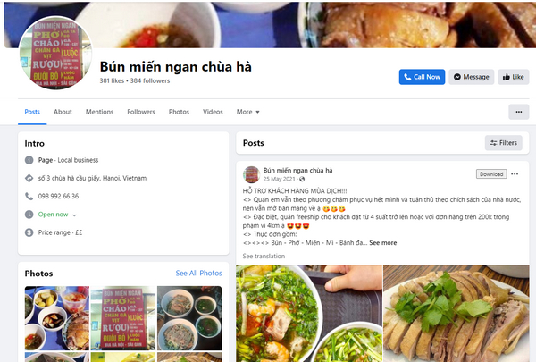 Fanpage facebook của quán bún ngan chùa Hà