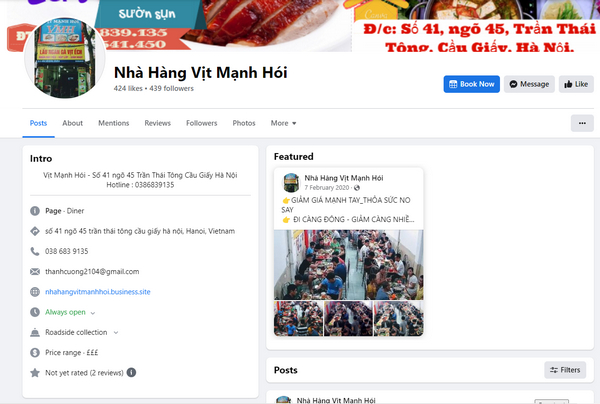 Fanpage facebook của nhà hàng Vịt Mạnh Hói 