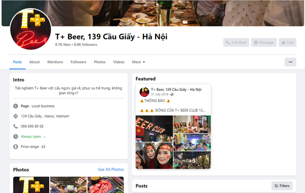 Fanpage facebook của quán T+ Beer Club