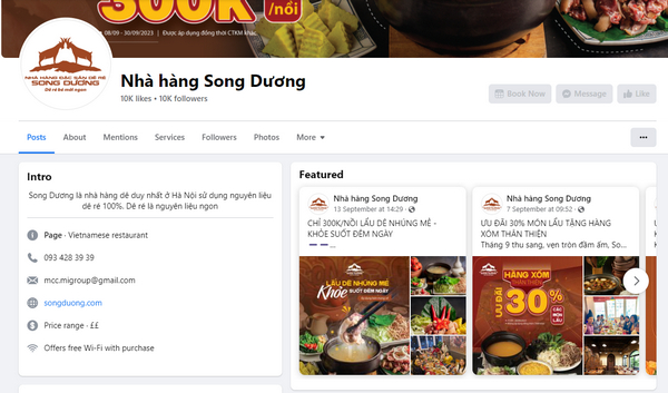 Fanpage facebook của nhà hàng Song Dương 