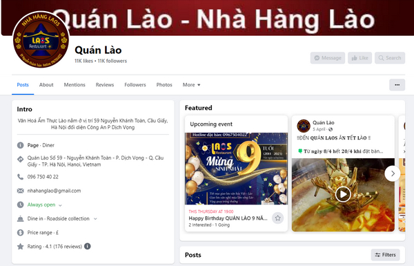 Fanpage Facebook của quán Lào 