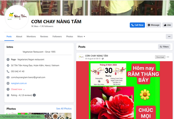 Fanpage facebook của quán Cơm Chay Nàng Tấm