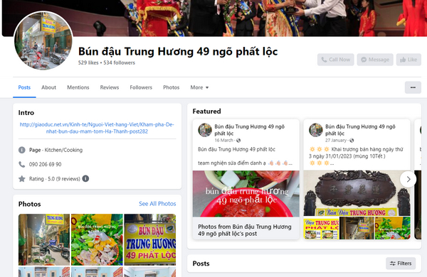 Fanpage facebook của Bún Đậu Trung Hương