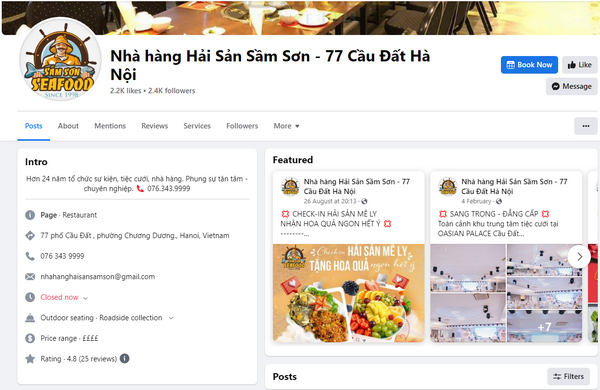 Fanpage facebook của nhà hàng hải sản Sầm Sơn 