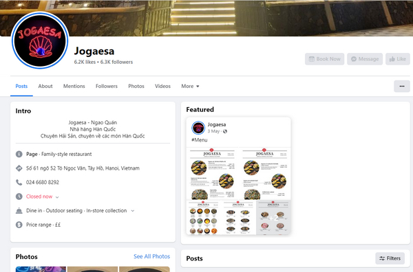 Fanpage facebook của quán Jogaesa 