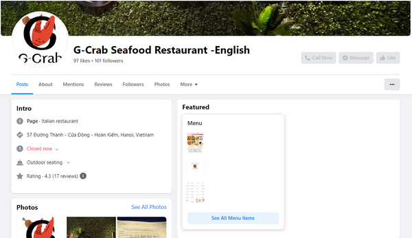 Fanpage facebook của nhà hàng G-Crab