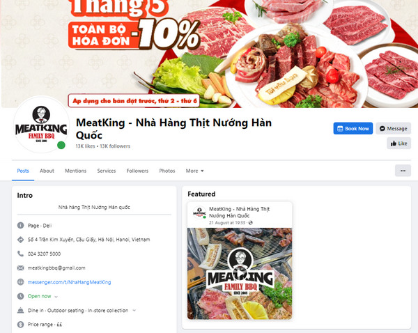 Fanpage Facebook của nhà Hàng Thịt Nướng Meat King