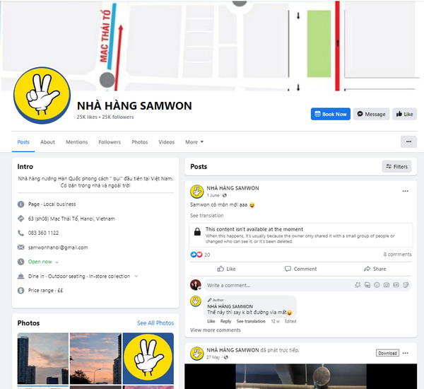 Fanpage Facebook của nhà Hàng Samwon