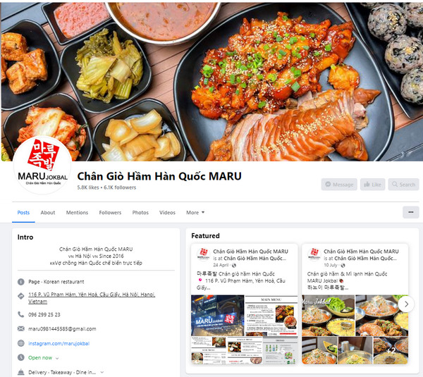 Fanpage Facebook của quán chân Giò Hầm Hàn Quốc MARU