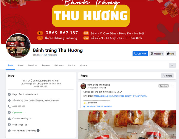 Fanpage Facebook của bánh tráng Thu Hương 