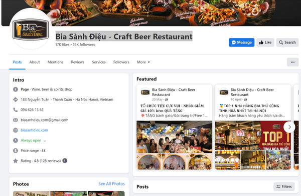 Fanpage facebook của quán bia sành điệu 