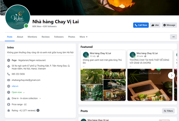 Fanpage facebook của nhà hàng chay Vị Lai 