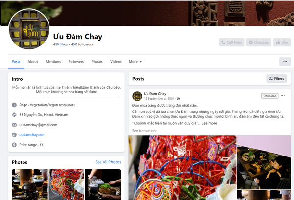 Fanpage Facebook của quán Ưu Đàm Chay