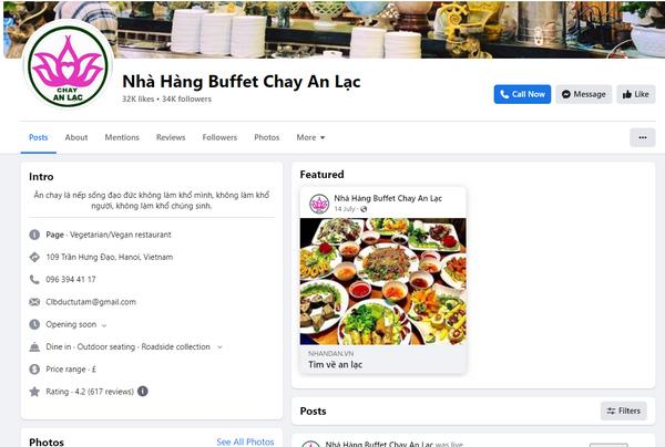 Fanpage Facebook của nhà hàng chay An Lạc 