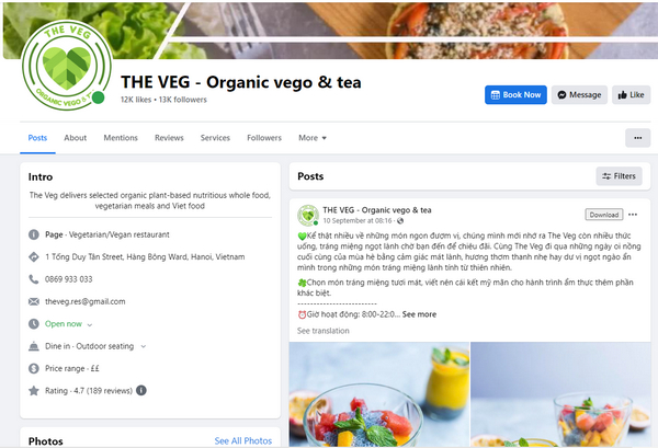 Fanpage facebook của quán The Veg - Organic Vego & Tea