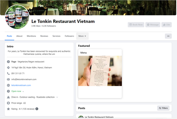 Fanpage Facebook của quán Le Tonkin