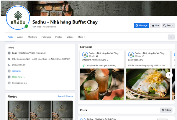 Fanpage Facebook của quán Sadhu
