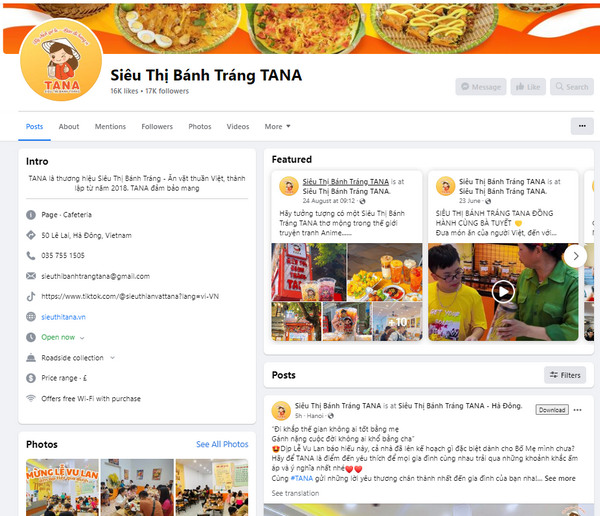 Fanpage Facebook của Bánh Tráng Tana 
