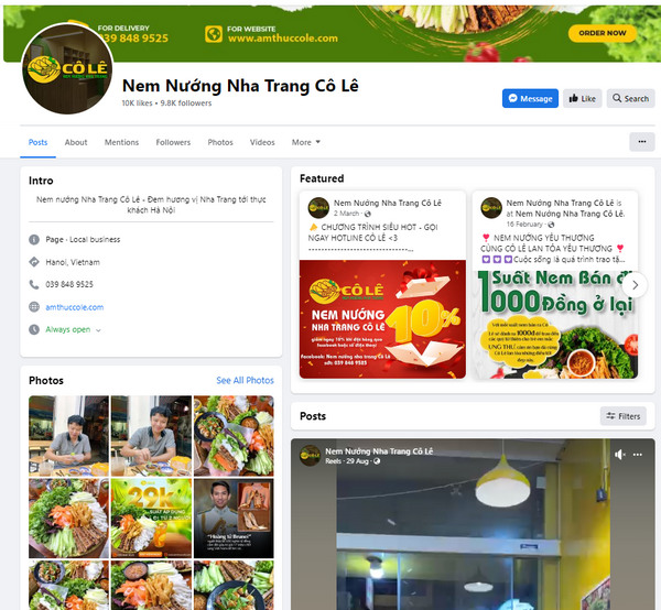 Fanpage Facebook nem nướng Nha Trang Cô Lê