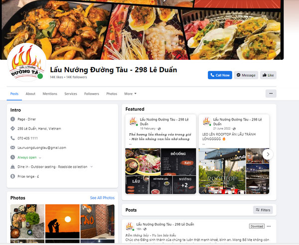Fanpage Facebook của quán lẩu nướng Đường Tàu 