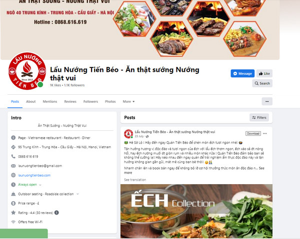 Fanpage facebook của quán lẩu nướng Tiến Béo