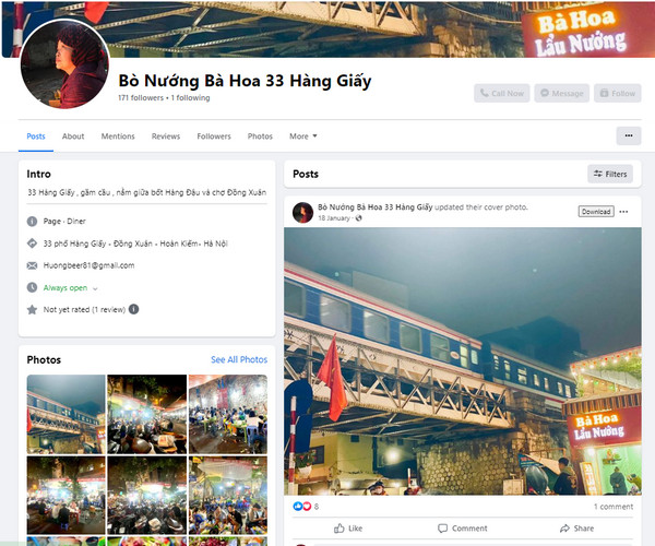 Fanpage Facebook của quán bò nầm nướng Bà Hoa