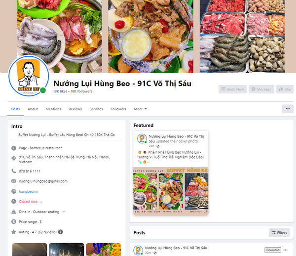 Fanpage Facebook của quán nướng lụi Hùng Béo