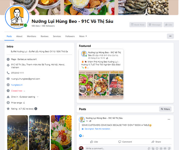 Fanpage Facebook của quán nướng Lụi Hùng Beo