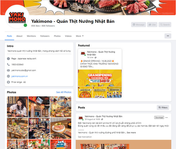 Fanpage facebook của nhà hàng Yakimono