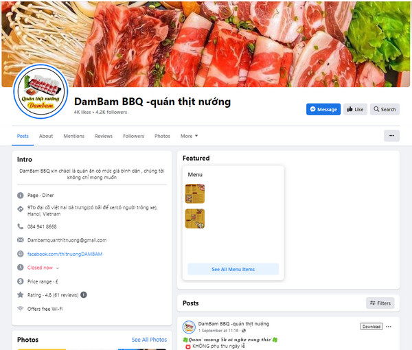 Fanpage facebook của quán DamBam BBQ