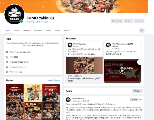 Fanpage facebook của quán Sumo Yakiniku