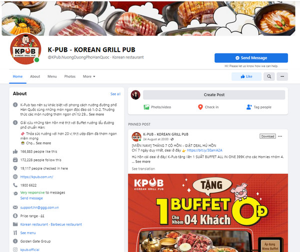 Fanpage Facebook của quán Buffet K-Pub