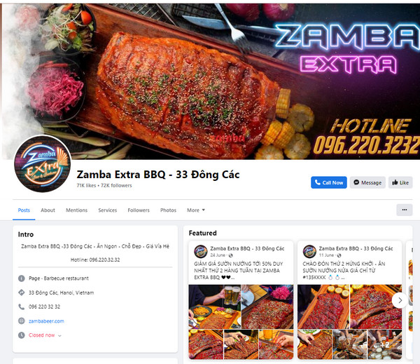Fanpage Facebook của Zamba Extra BBQ
