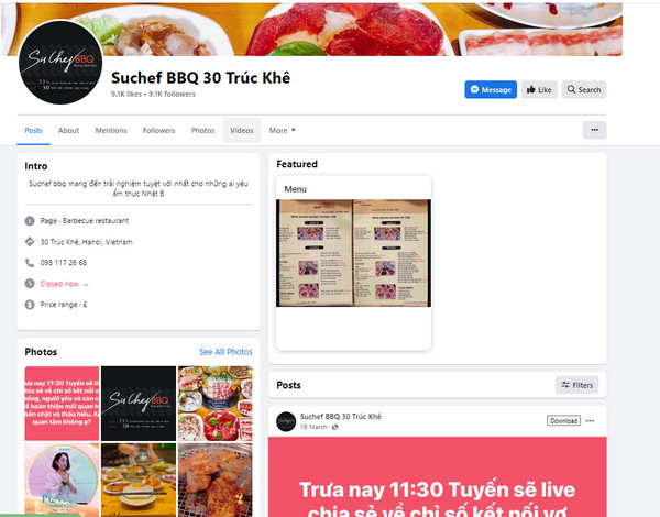 Fanpage Facebook của quán Su Chef BBQ