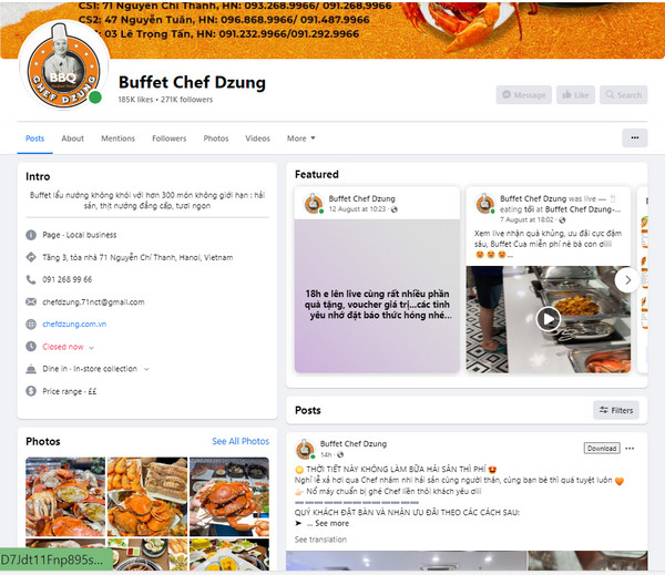 Fanpage Facebook nhà hàng buffet Chef Dzung