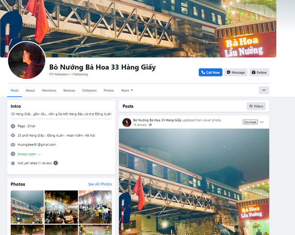 Fanpage facebook của quán bò nầm nướng bà Hoa