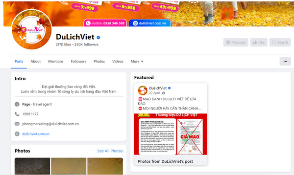 Fanpage Facebook của Công ty cổ phần truyền thông du lịch Việt