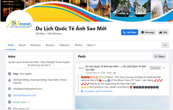 Fanpage Facebook của công ty ASM Travel 