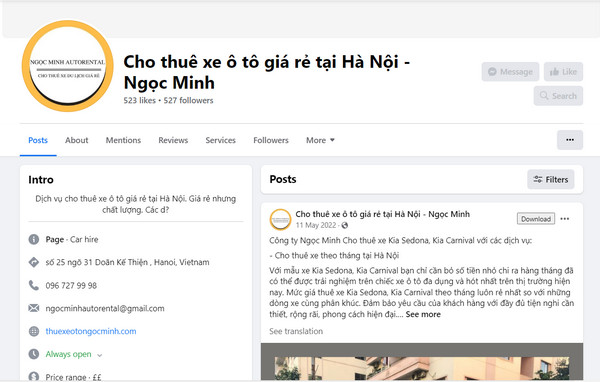 Fanpage Facebook của dịch vụ Ngọc Minh 