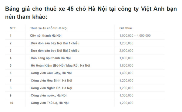 Bảng giá thuê xe 45 chỗ của công ty Việt Anh