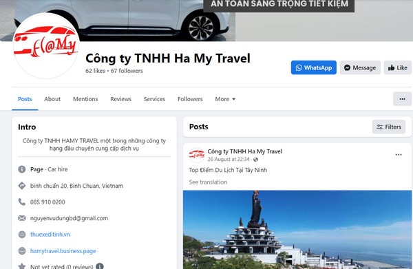 Fanpage Facebook của Hà My Travel 