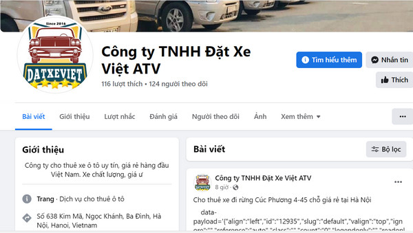 Fanpage Facebook của Công ty TNHH Đặt Xe Việt ATV