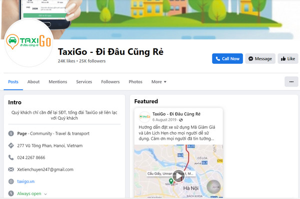 Fanpage Facebook của Taxigo.vn