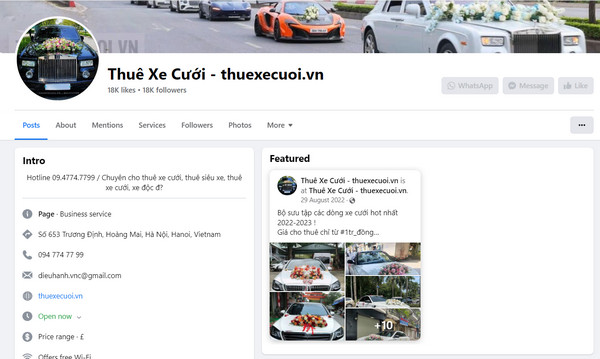 Fanpage Facebook của Công ty Thuê xe cưới V.N.C
