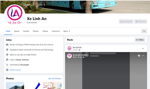 Fanpage Facebook của xe Linh An